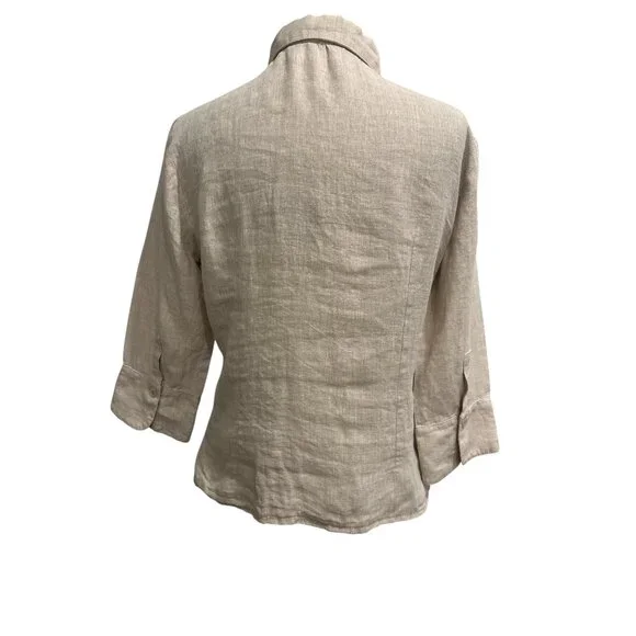 M&M 100% Linen Button Front Blouse Beige Italy 3/4 Sleeve 48 L - Picture 4 of 10